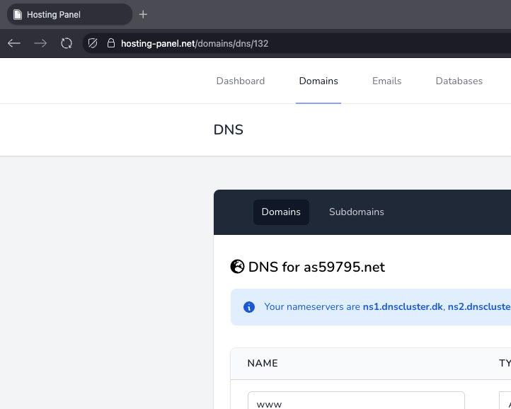 DNS Editor der viser domæne-ID i URL